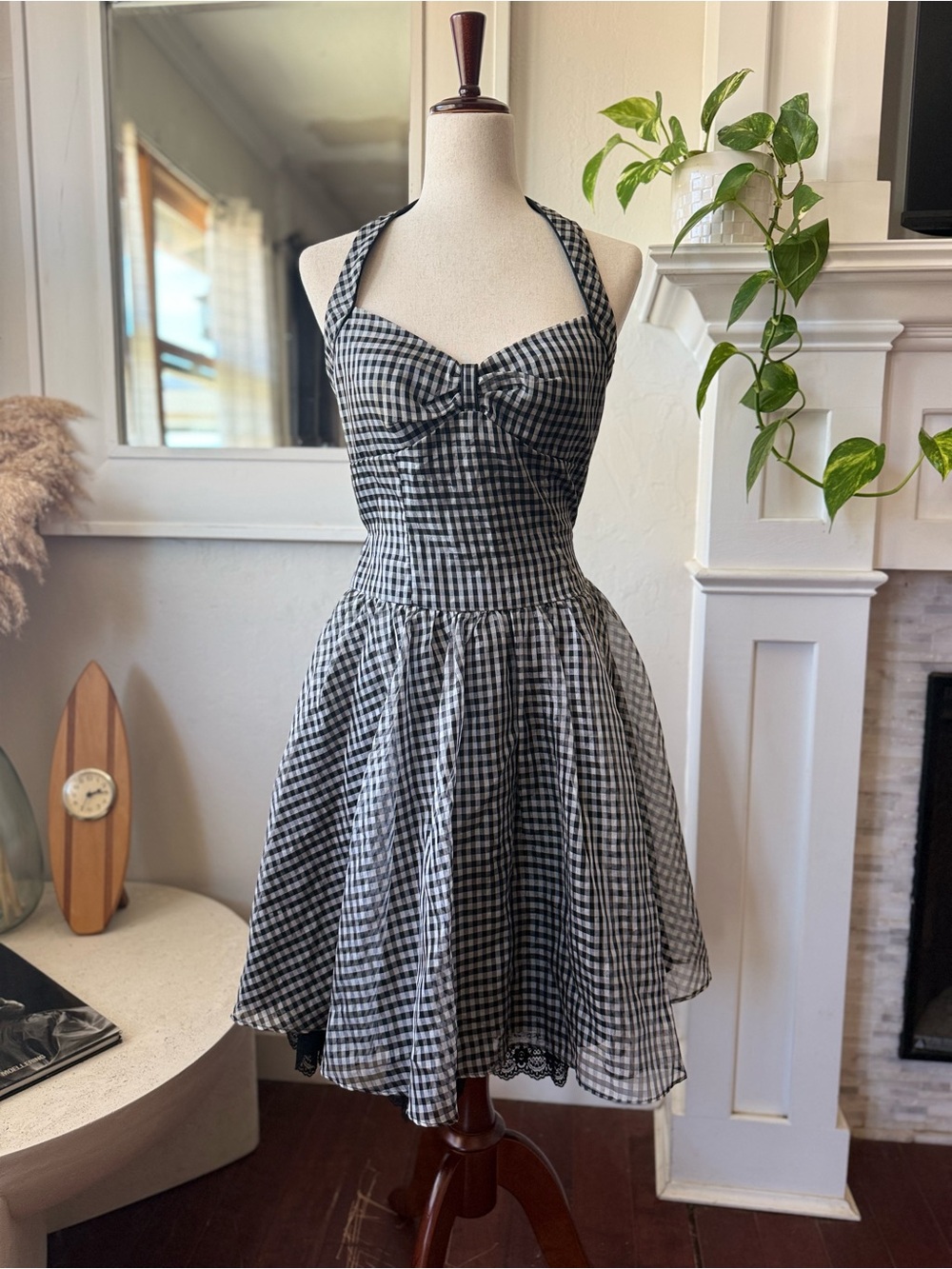 Y2K Black & White Gingham Halter Sundress with Waist Tie